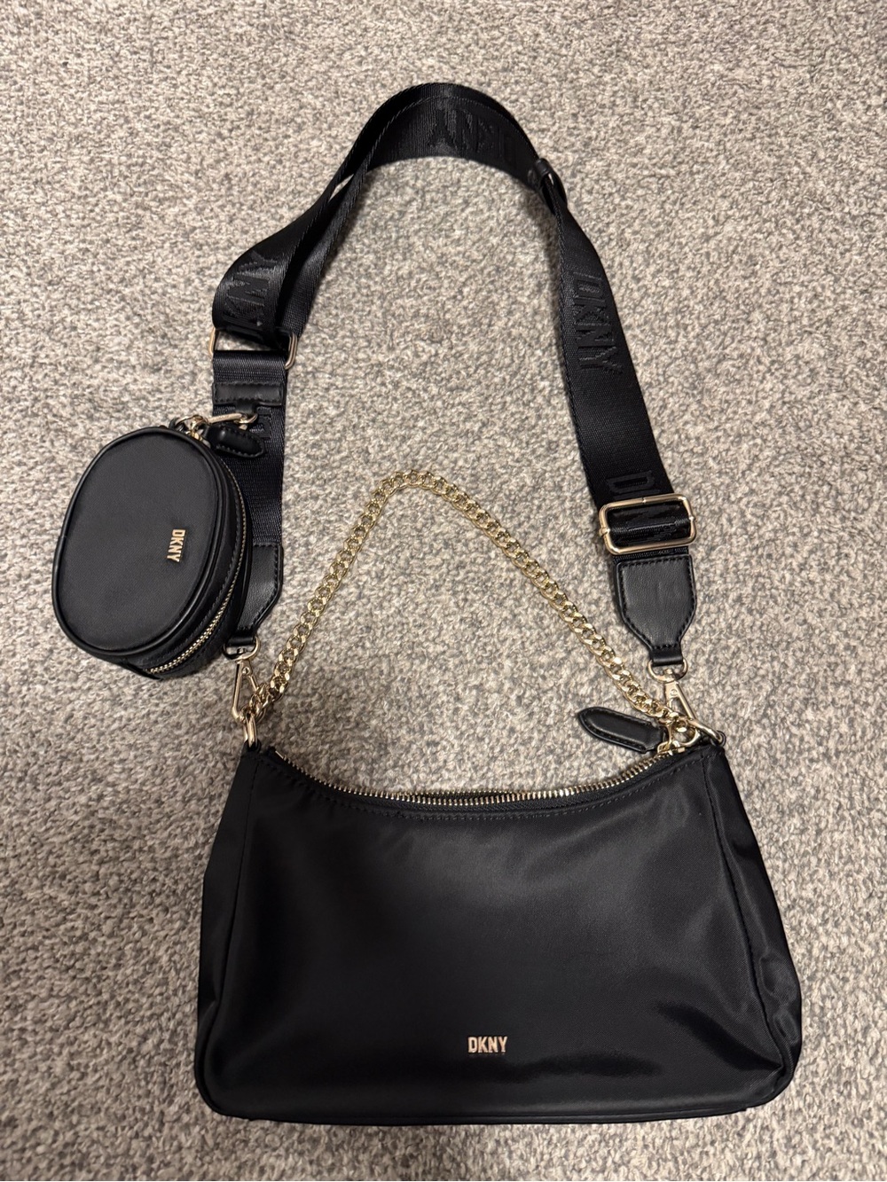 DKNY Black Nylon Shoulder Bag with Gold Chain and Detachable Pouch